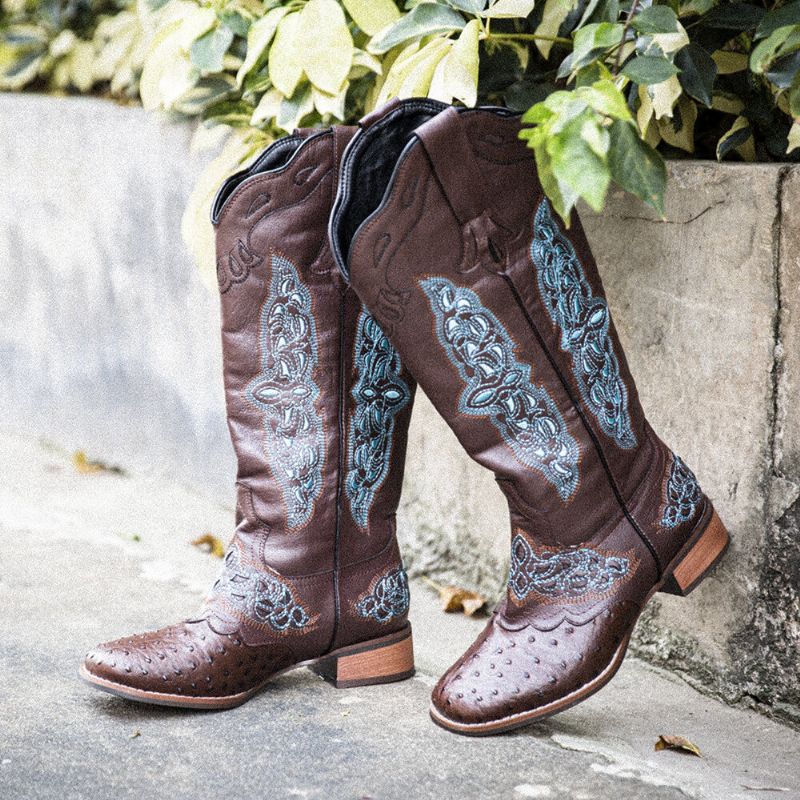 Plus Size Damer Retro Blommor Broderade Mid Calf Cowboy Boots