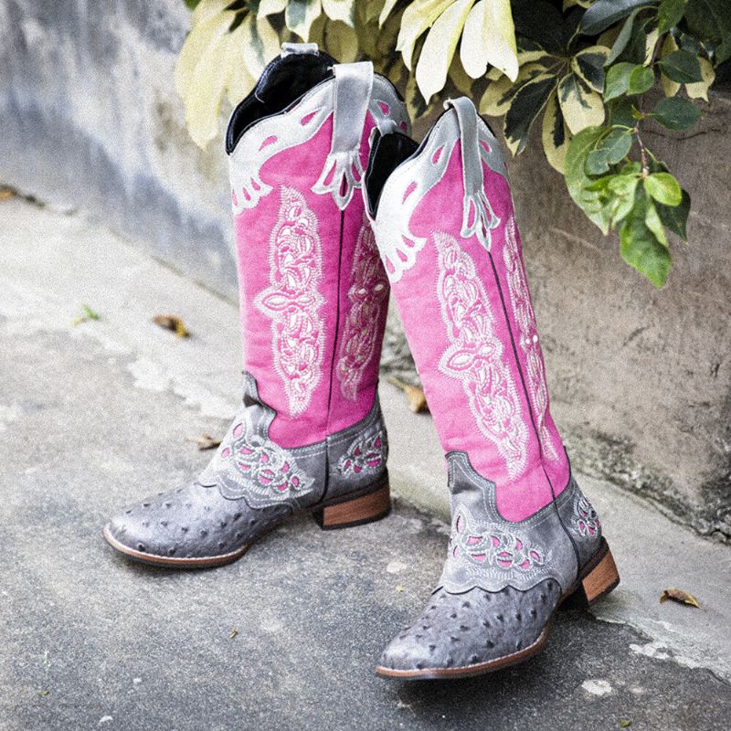 Plus Size Damer Retro Blommor Broderade Mid Calf Cowboy Boots