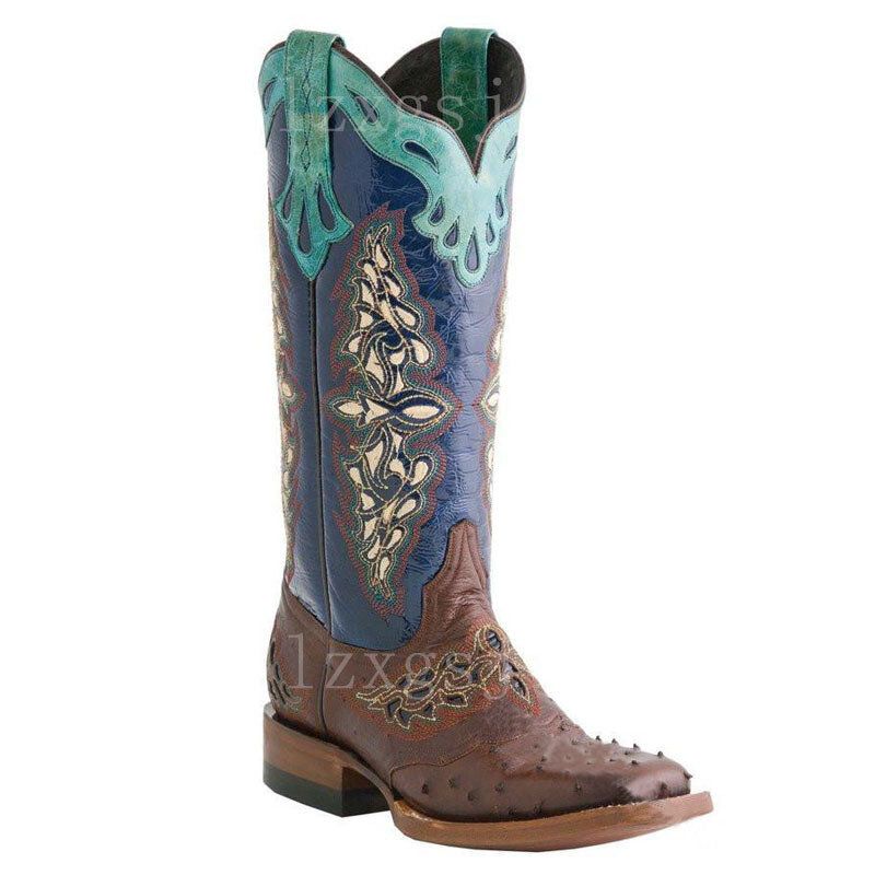 Plus Size Damer Retro Blommor Broderade Mid Calf Cowboy Boots