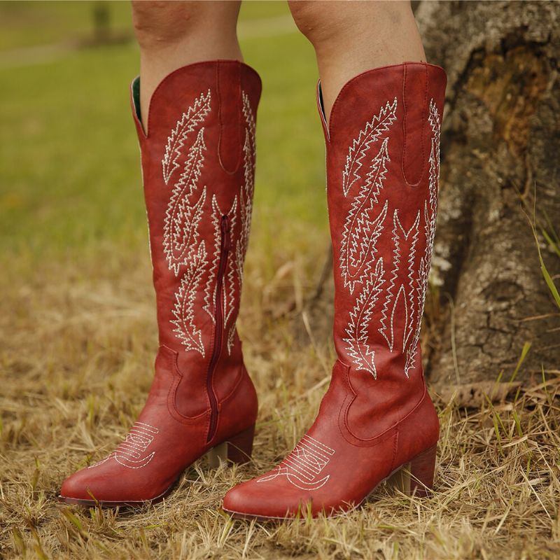 Plus Size Damer Retro Röd Spetsad Tå Broderade Chunky Cowboystövlar Med Dragkedja