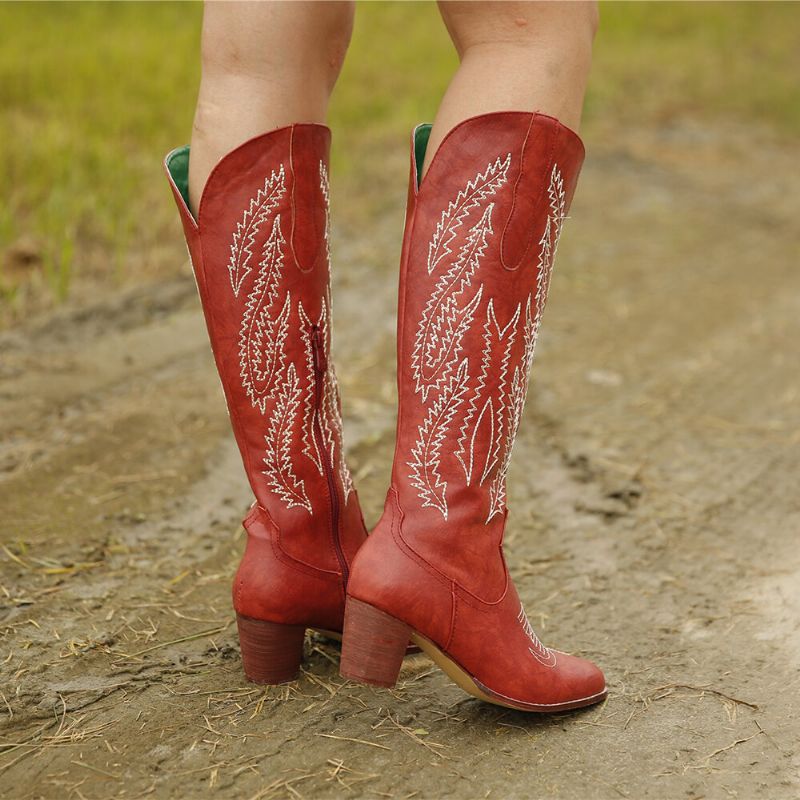 Plus Size Damer Retro Röd Spetsad Tå Broderade Chunky Cowboystövlar Med Dragkedja