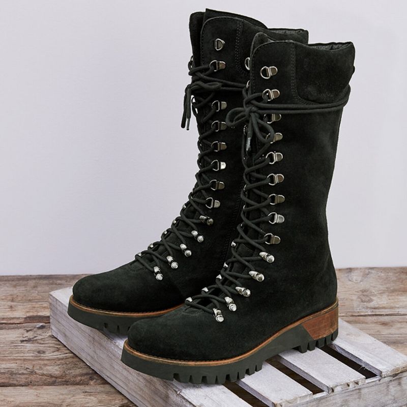 Plus Size Kvinnor Bärbara Mocka Sido Dragkedja Mid Calf Combat Boots