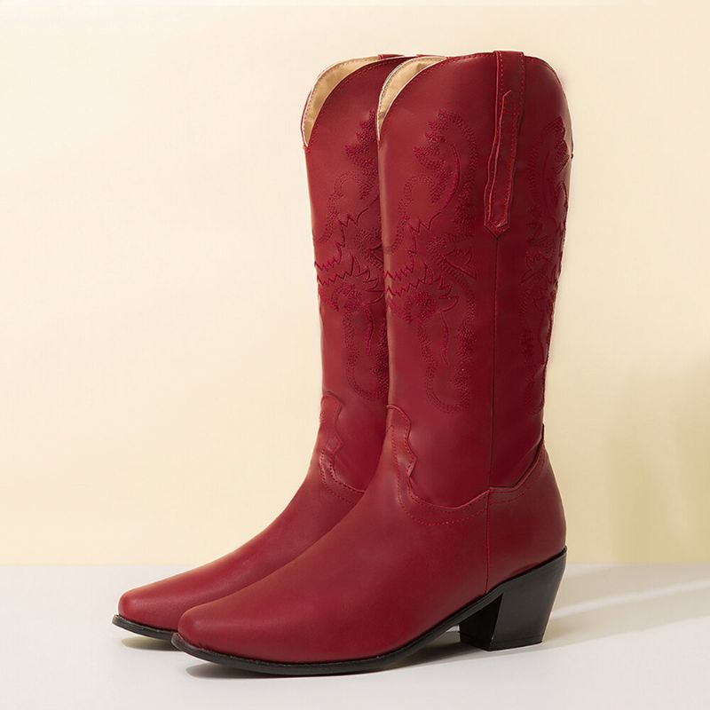 Plus Size Retro Dam Blommig Chunky Heel Cowboystövlar Med Mitten Av Vaden