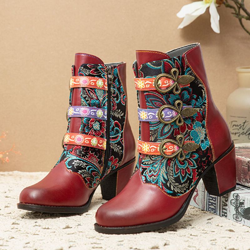 Retro Blommor Tygsömmar Metallspänne Dekor Varmfodrade Bärbara Chunky Heel Korta Boots