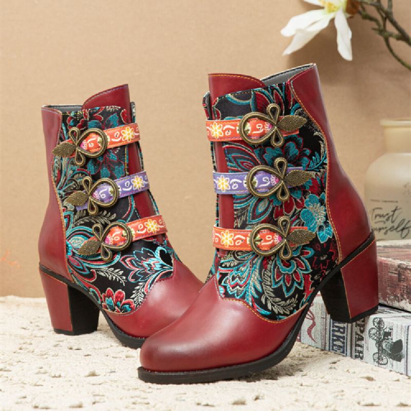 Retro Blommor Tygsömmar Metallspänne Dekor Varmfodrade Bärbara Chunky Heel Korta Boots