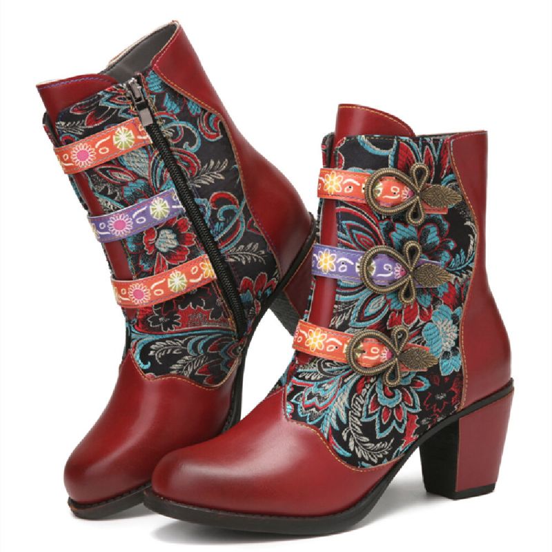 Retro Blommor Tygsömmar Metallspänne Dekor Varmfodrade Bärbara Chunky Heel Korta Boots