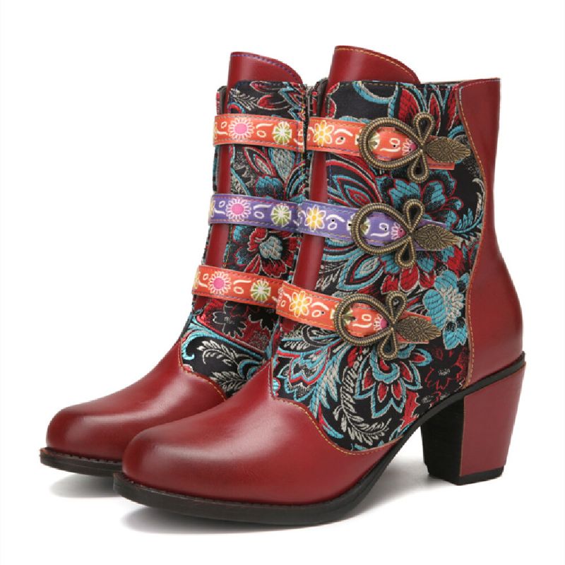 Retro Blommor Tygsömmar Metallspänne Dekor Varmfodrade Bärbara Chunky Heel Korta Boots