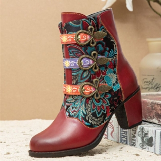 Retro Blommor Tygsömmar Metallspänne Dekor Varmfodrade Bärbara Chunky Heel Korta Boots