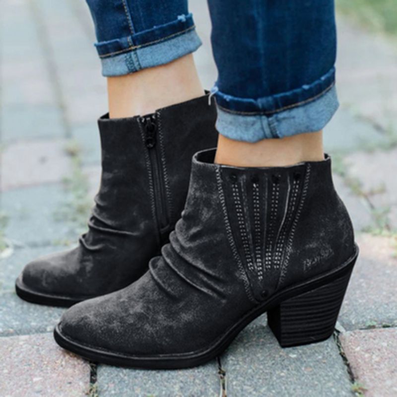 Stor Storlek Dam Casual Retro Sido-dragkedja Chunky Heel Boots