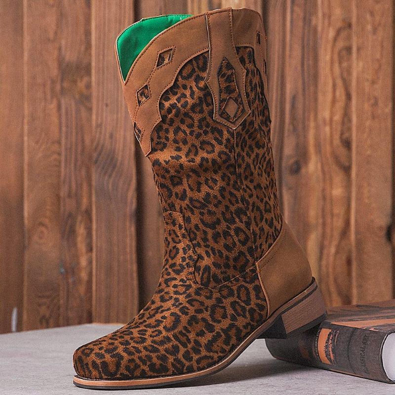 Stor Storlek Dam Retro Etnic Comfy Square Toe Leopard Cowboystövlar