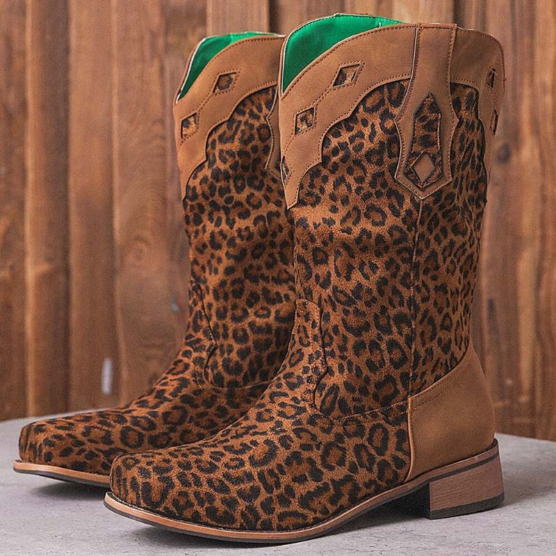 Stor Storlek Dam Retro Etnic Comfy Square Toe Leopard Cowboystövlar