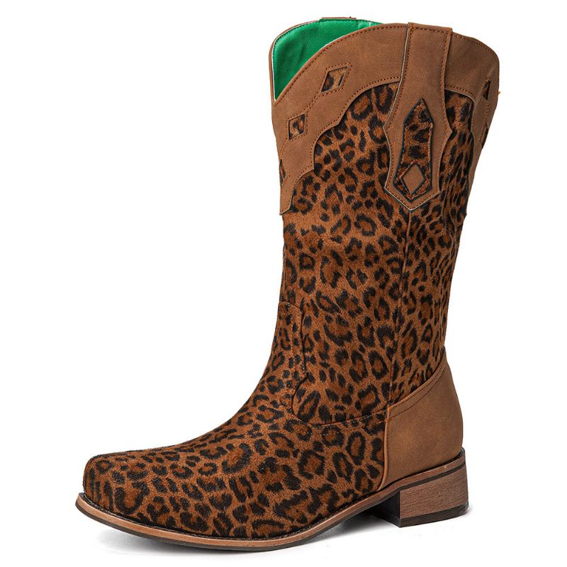 Stor Storlek Dam Retro Etnic Comfy Square Toe Leopard Cowboystövlar