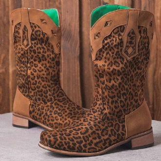 Stor Storlek Dam Retro Etnic Comfy Square Toe Leopard Cowboystövlar