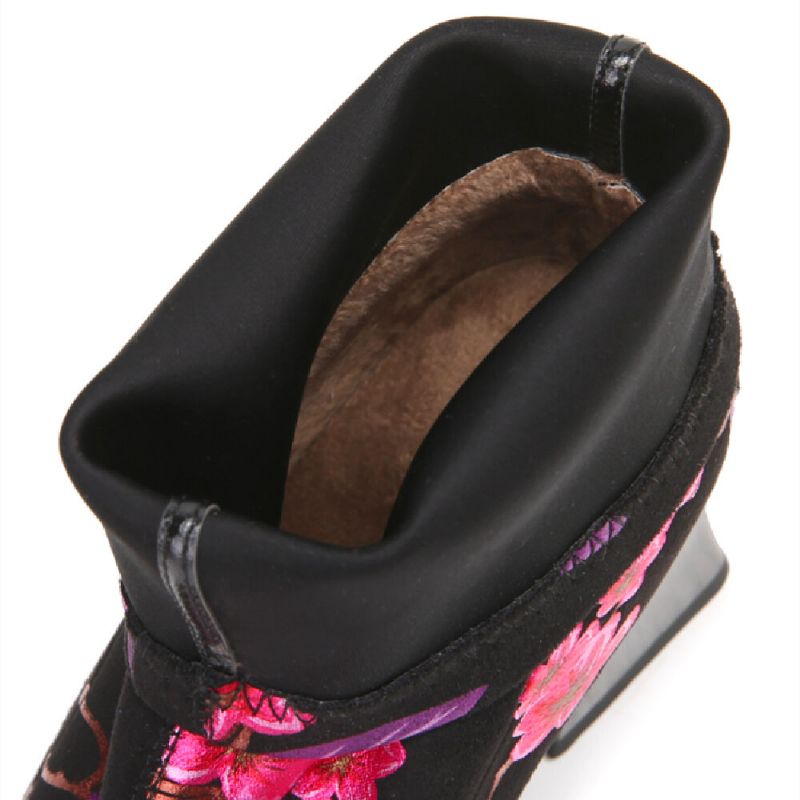 Underbara Plommontryckta Mocka Mode Bekväm Elastisk Slip On Chunky Heel Short Boots