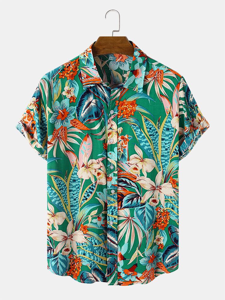 Blomväxter För Män Print Button Up Holiday Kortärmade Skjortor