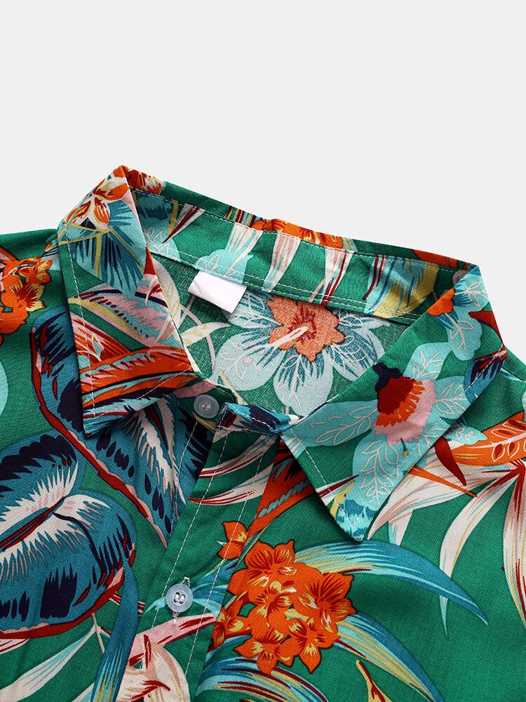 Blomväxter För Män Print Button Up Holiday Kortärmade Skjortor