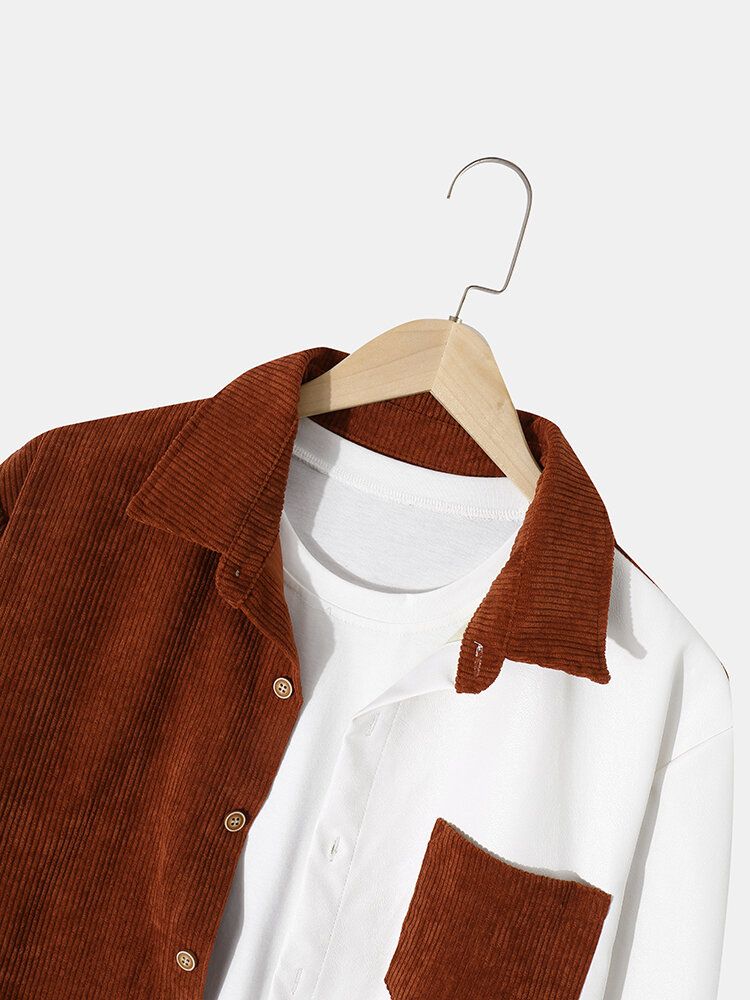 Casual Corduroy Pocket Color Block Shirts För Män