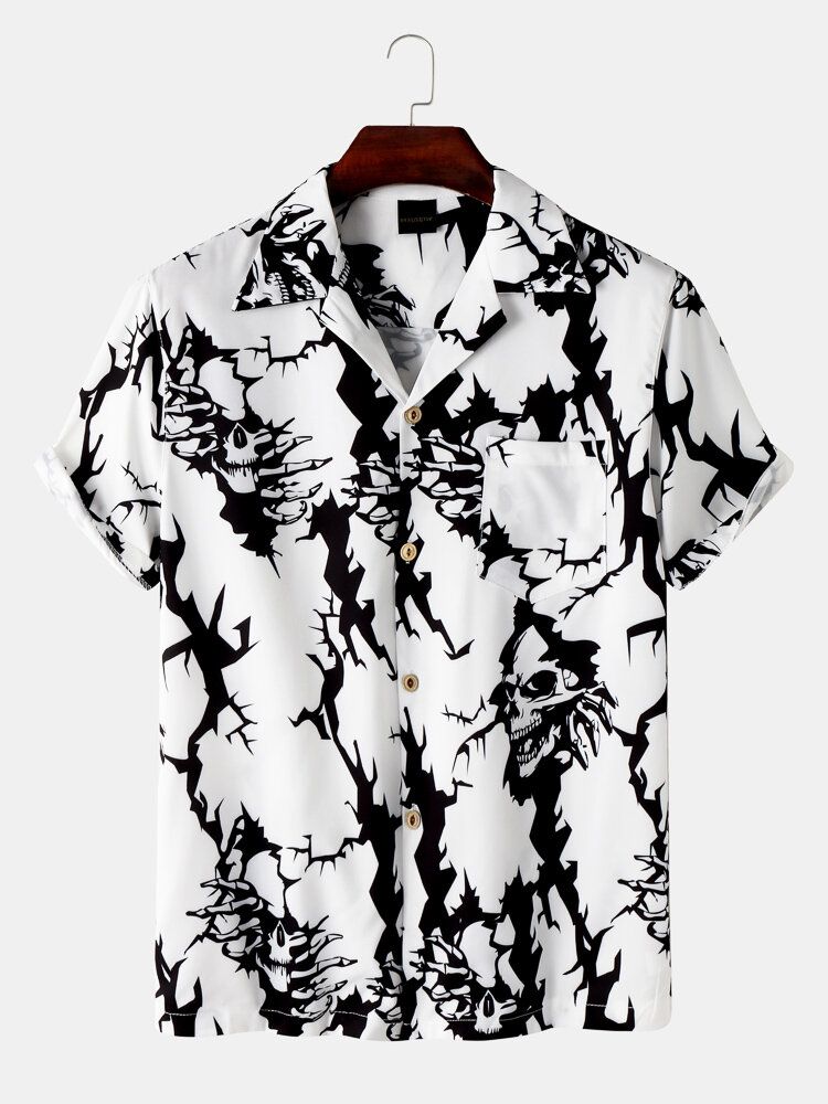 Casual Revere Krage Skull Print Pocket Shirts För Män