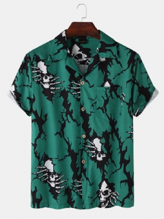 Casual Revere Krage Skull Print Pocket Shirts För Män