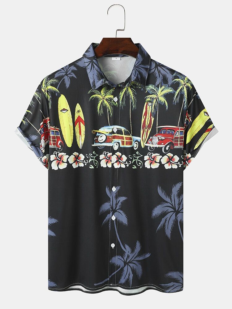 Coconut Tree Car Print Lapel Holiday Kortärmade Skjortor För Män