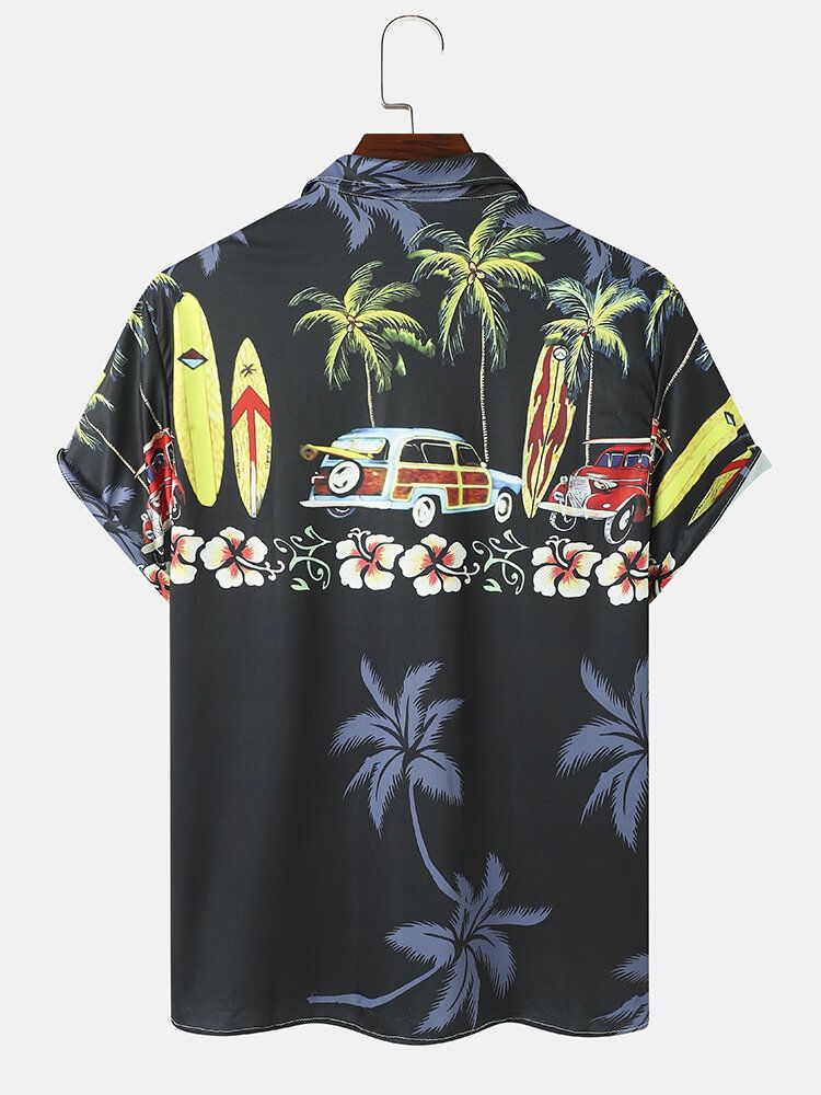 Coconut Tree Car Print Lapel Holiday Kortärmade Skjortor För Män