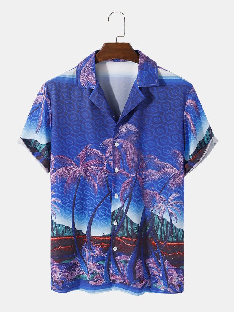 Coconut Tree Landscape Print Revere Collar Shirts För Män