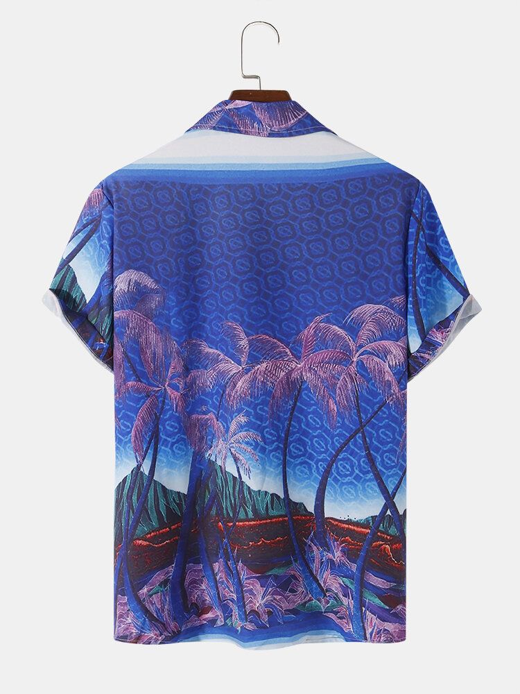 Coconut Tree Landscape Print Revere Collar Shirts För Män