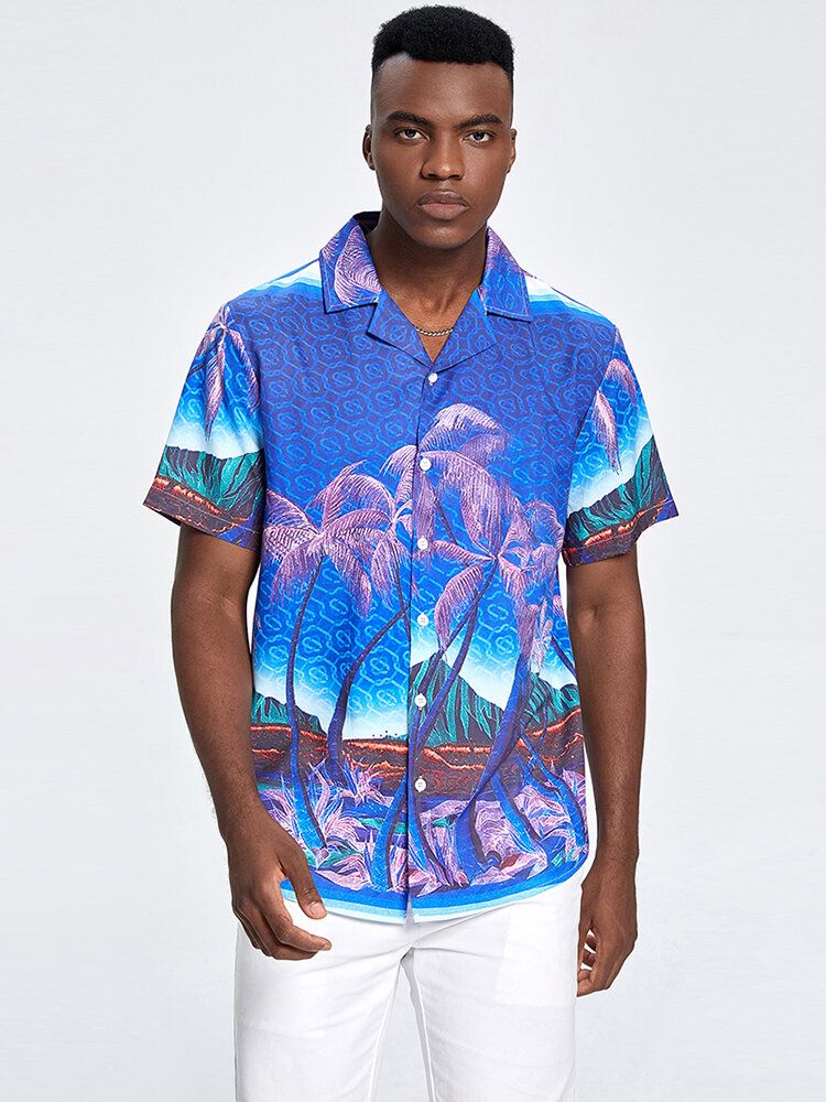 Coconut Tree Landscape Print Revere Collar Shirts För Män