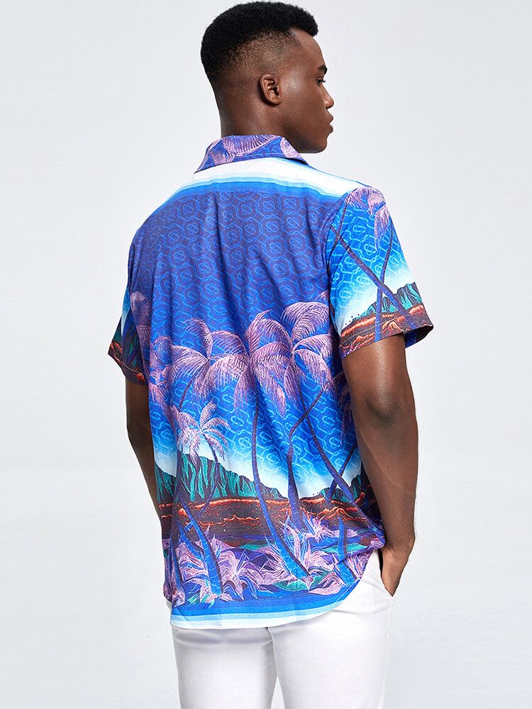 Coconut Tree Landscape Print Revere Collar Shirts För Män