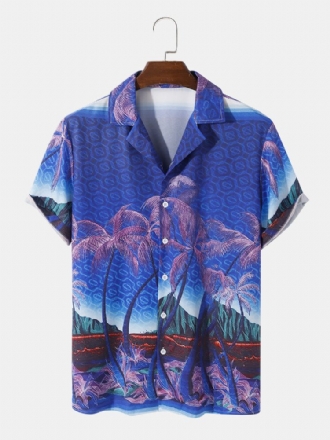 Coconut Tree Landscape Print Revere Collar Shirts För Män