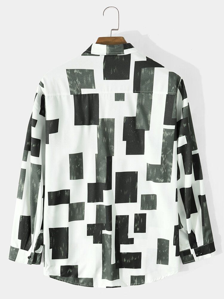 Cotton Color Block Lapel Geometric Casual Shirt För Män