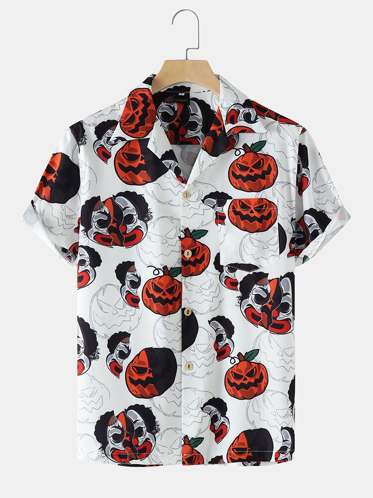 Funny Pumpkin Print Revere Collar Shirts För Män