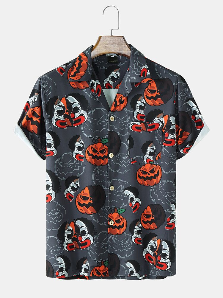 Funny Pumpkin Print Revere Collar Shirts För Män