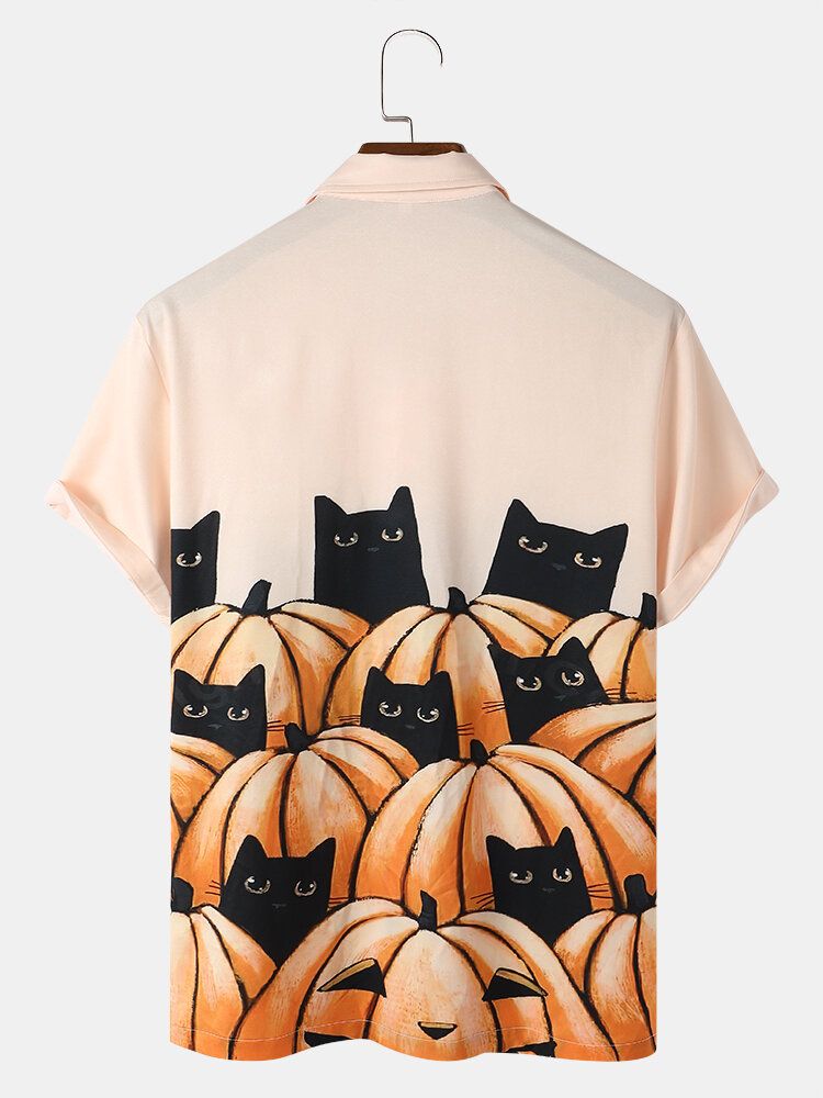 Halloween Pumkpin Cat Cartoon Casual Skjortor För Män