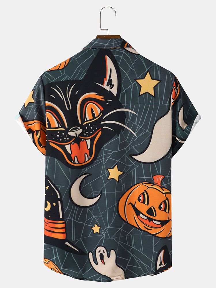 Halloween Pumpkin Full Printed Cat Kortärmad Casual Shirt För Män