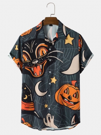 Halloween Pumpkin Full Printed Cat Kortärmad Casual Shirt För Män