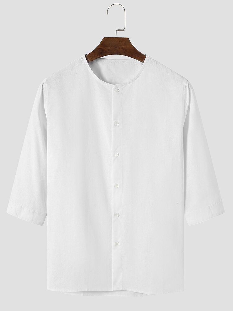 Herr 100% Bomull Clean Color Buttons Up Rund Neck Shirts