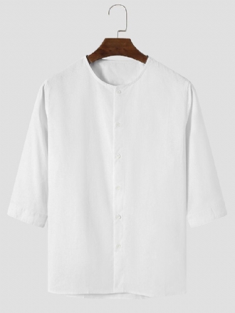 Herr 100% Bomull Clean Color Buttons Up Rund Neck Shirts