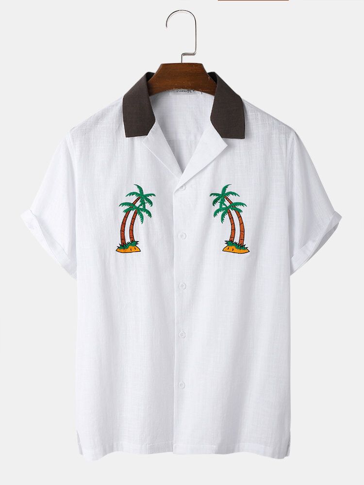 Herr 100% Bomull Coconut Tree Brodery Patchwork Revere Collar Shirt