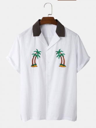 Herr 100% Bomull Coconut Tree Brodery Patchwork Revere Collar Shirt