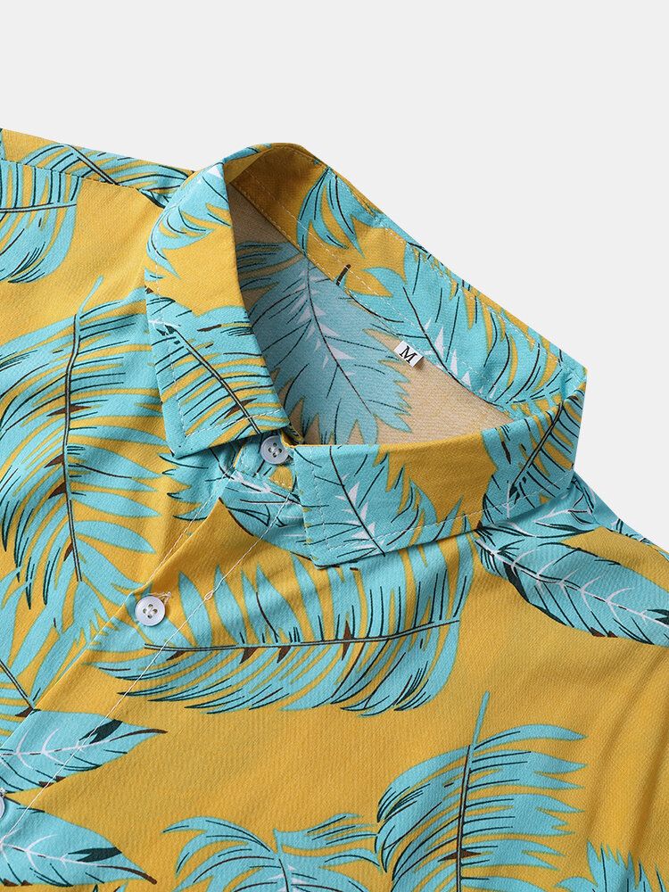 Herr All Over Leaf Print Button Up Holiday Kortärmade Skjortor