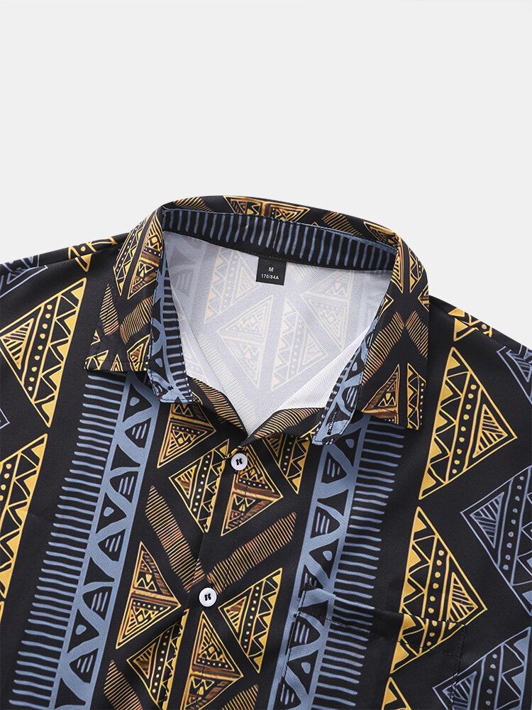 Herr Argyle Geometric Contrast Etnisk Lapel Front Button Hudvänliga Casual Shirts