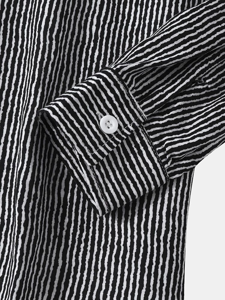 Herr Bomull Pinstripe Button Up Lapel Långärmad Tröja