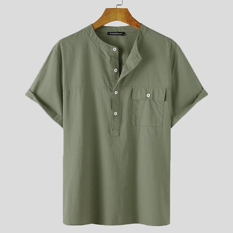 Herr Bomull Solid Button Stand Collar Fick Casual Shirts