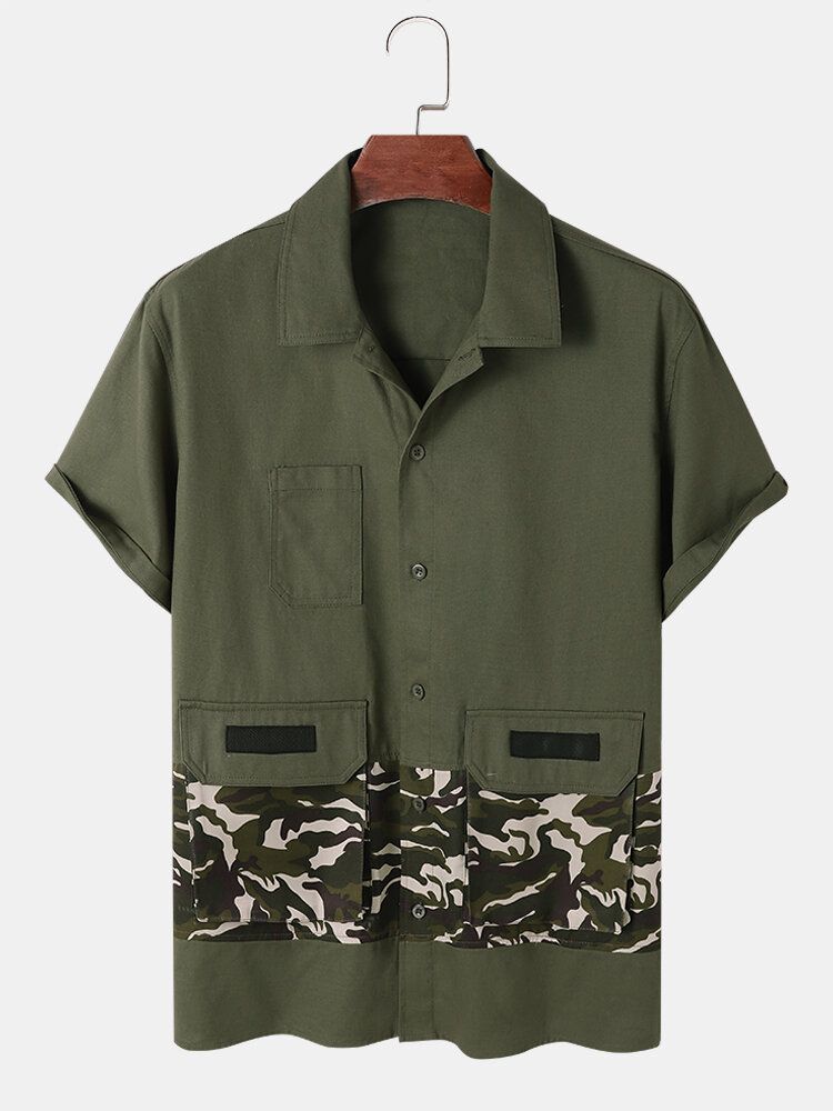 Herr Camo Patchwork Utility Kortärmad Cargo Alla Matchade Hudvänliga Skjortor