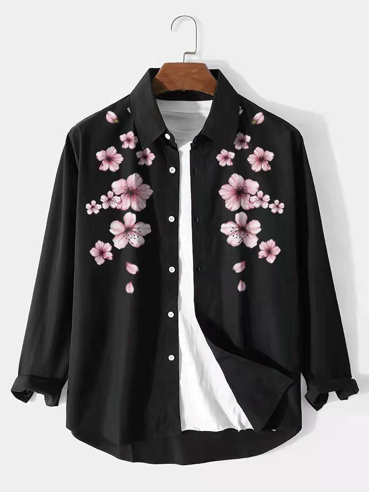 Herr Cherry Blossom Button Up Långärmad Böjd Fåll Casual Skjortor