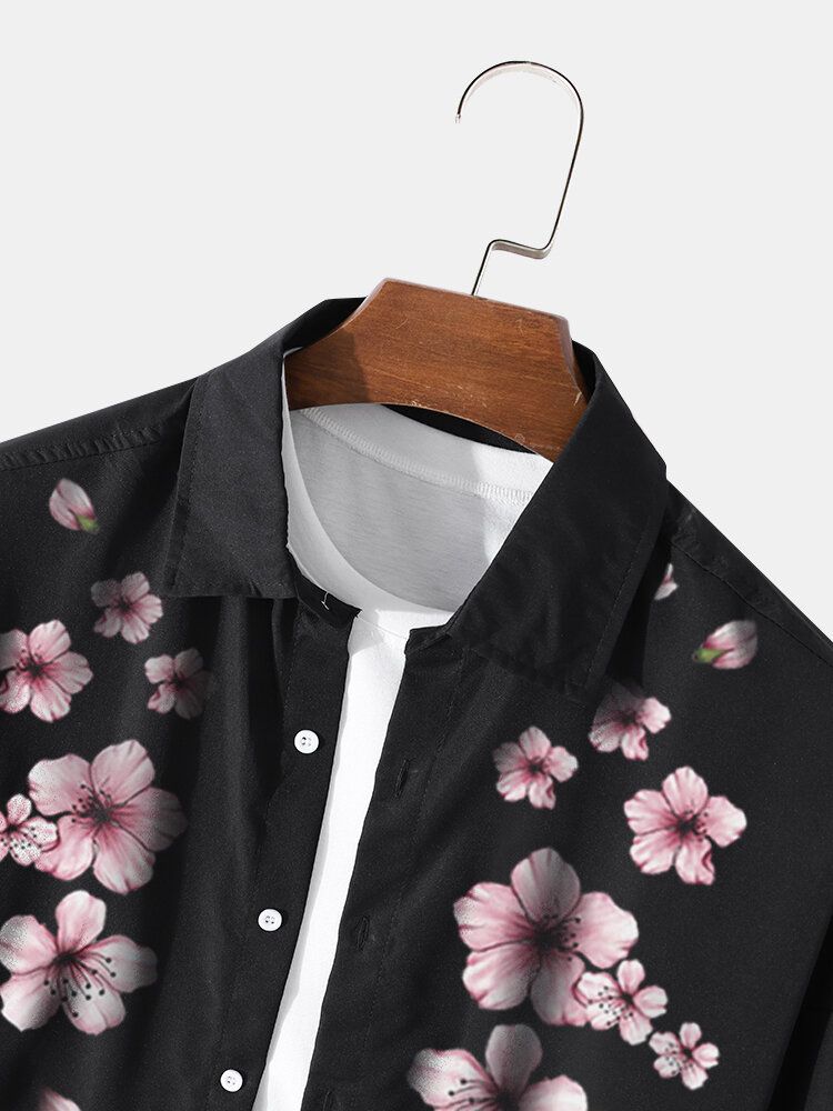 Herr Cherry Blossom Button Up Långärmad Böjd Fåll Casual Skjortor