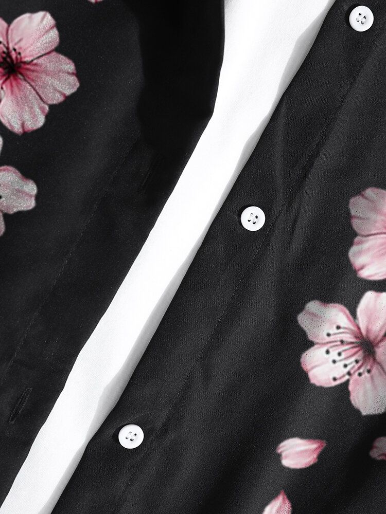 Herr Cherry Blossom Button Up Långärmad Böjd Fåll Casual Skjortor