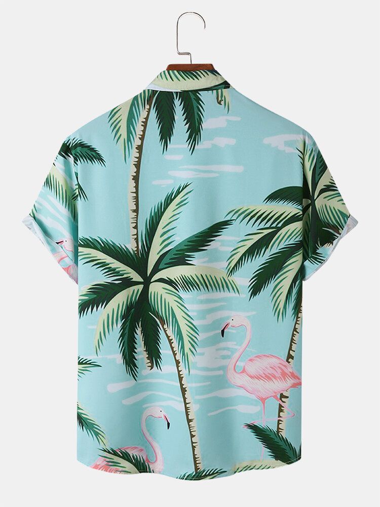 Herr Coconut Tree Crane Print Kortärmad Fritidsskjortor Med Knapp Framtill