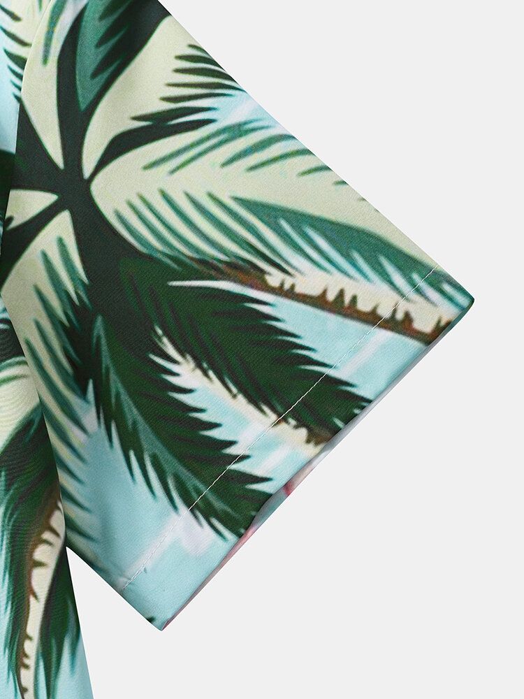 Herr Coconut Tree Crane Print Kortärmad Fritidsskjortor Med Knapp Framtill